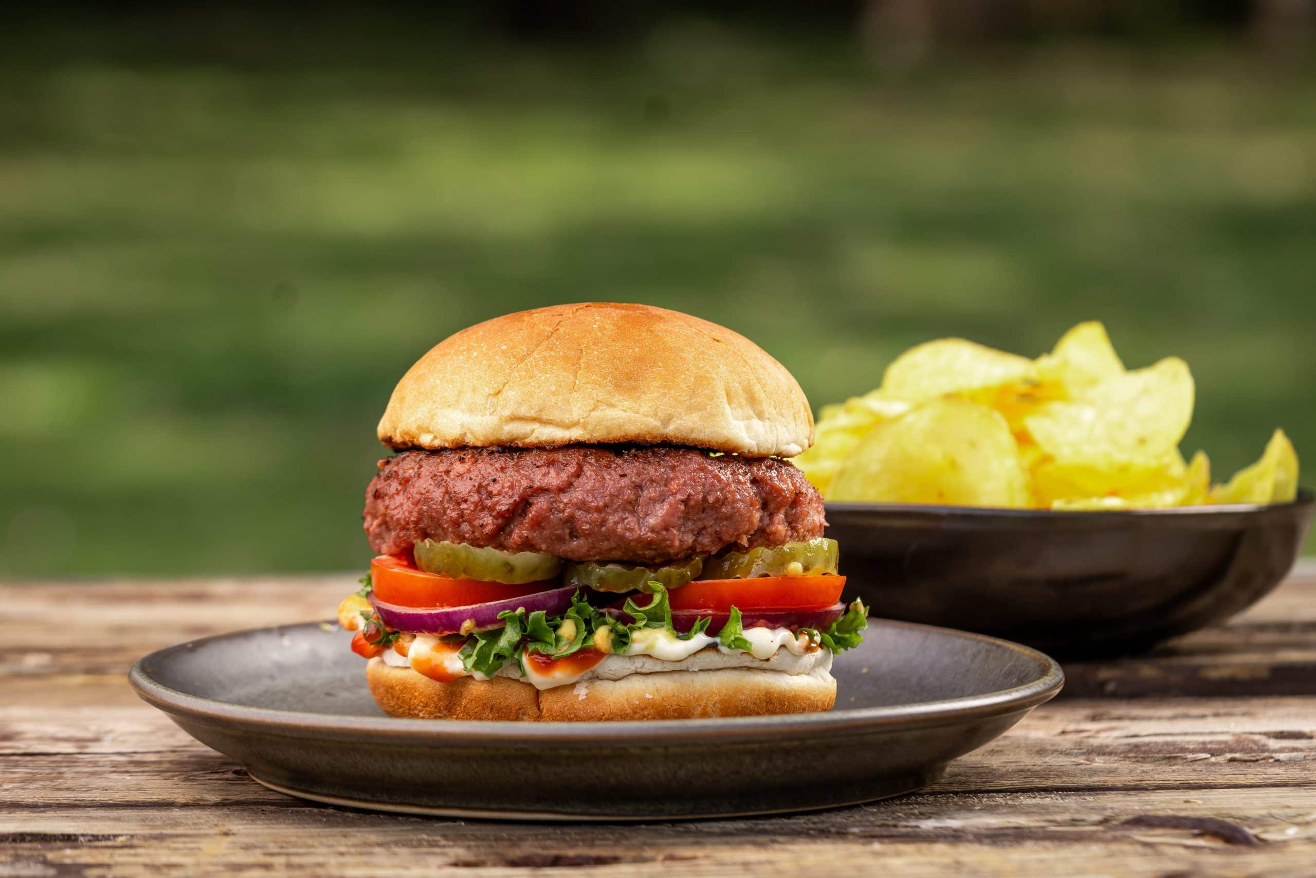 רידיפיין בורגר קצבים על האש עם חמוצים, עגבנייה, בצל סגול וחסה