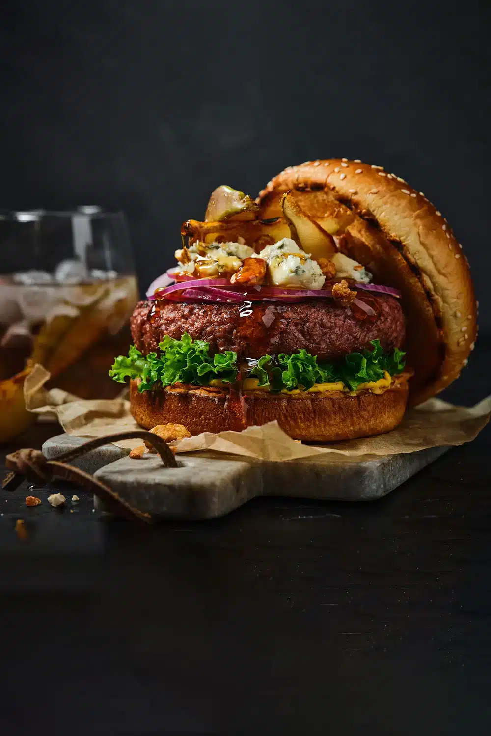 Redifine burger with blue cheese and caramelized pears