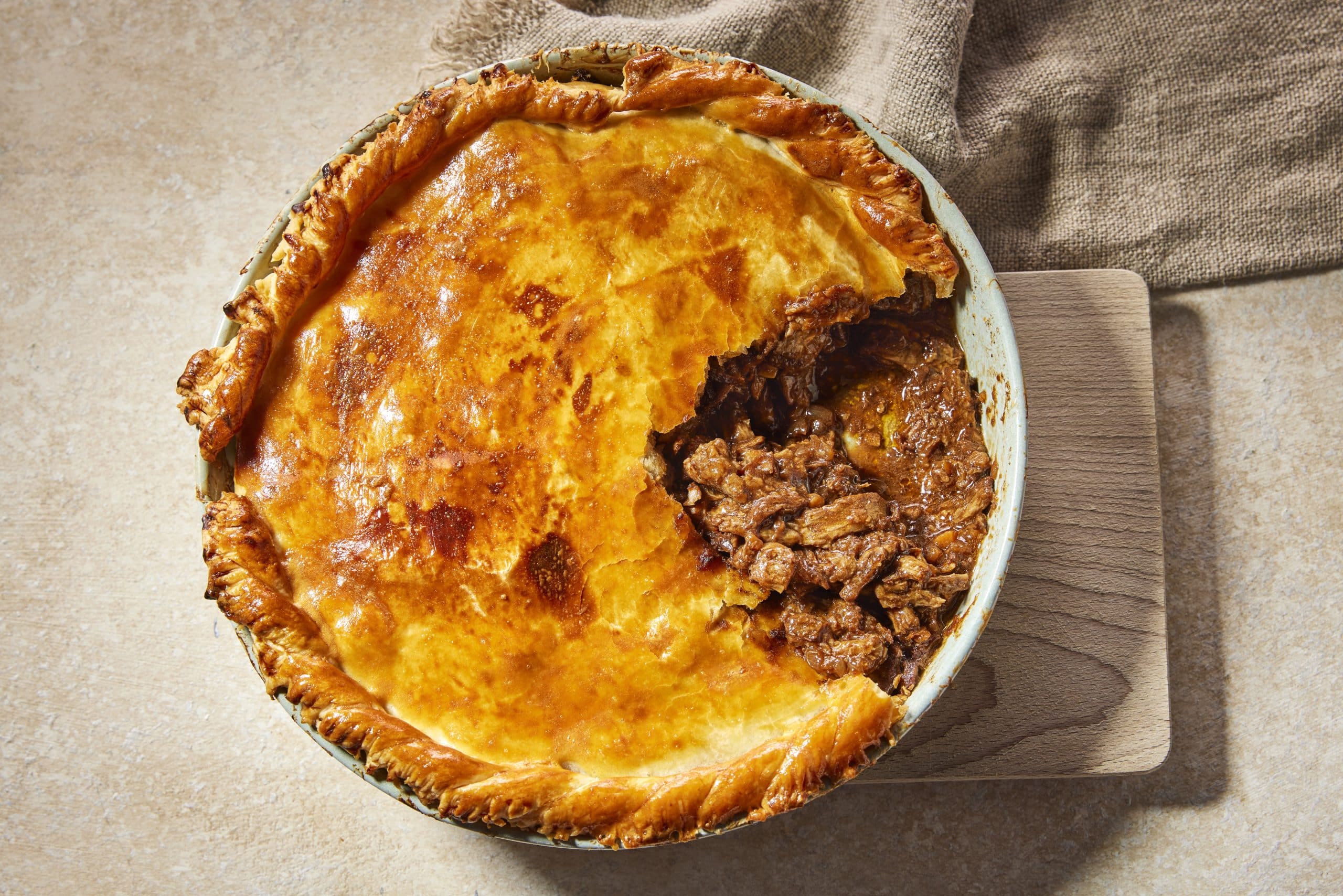 STEAK AND ALE PIE With Redefine Pulled Beef Filling